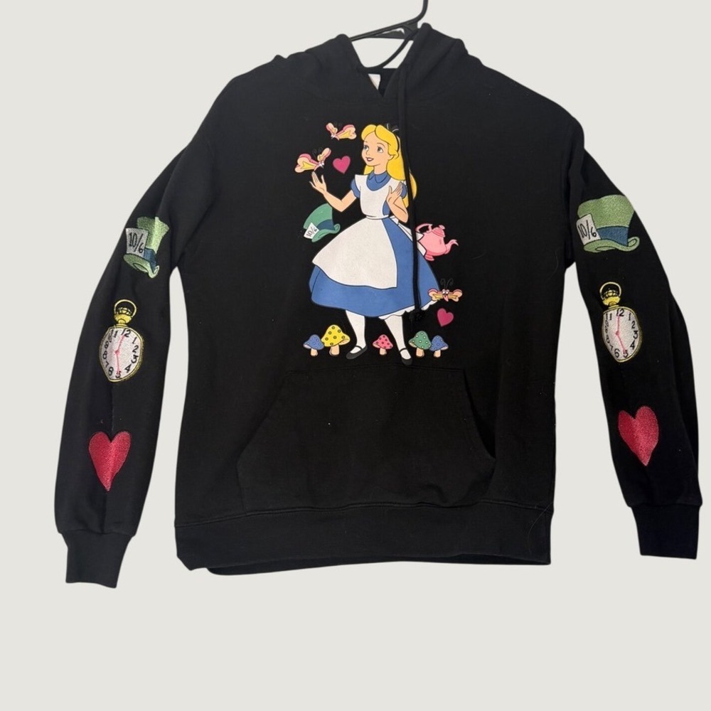 Disney Alice in Wonderland Hoodie Womens Small Black Graphic Embroidered Sleeve